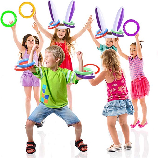 KIBTOY™3 Pack Easter Inflatable Bunny Ring Toss Game Easter Rabbit Ears Ring Toss Party Games Inflatable Toys Gift for Kid Family School Party Favor Indoor Outdoor Toss Game (3 Set & 12 Rings) 