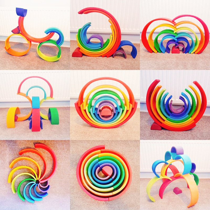 12-Piece Wooden Rainbow Stacking Tunnel Toys combined into various shapes