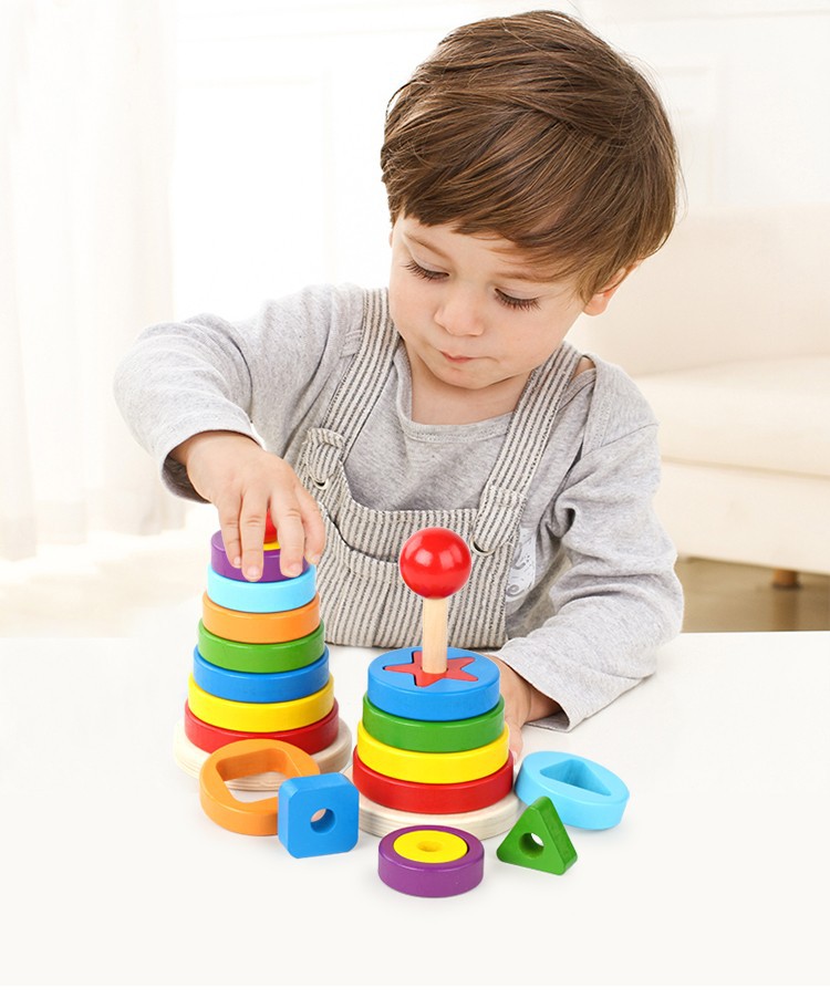 Rainbow stacking tower game, children have to follow rules to organise pieces