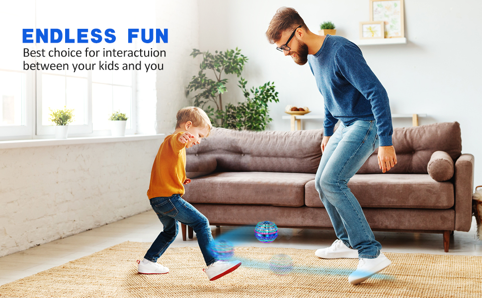 Father and child playing with flying ball kibtoy