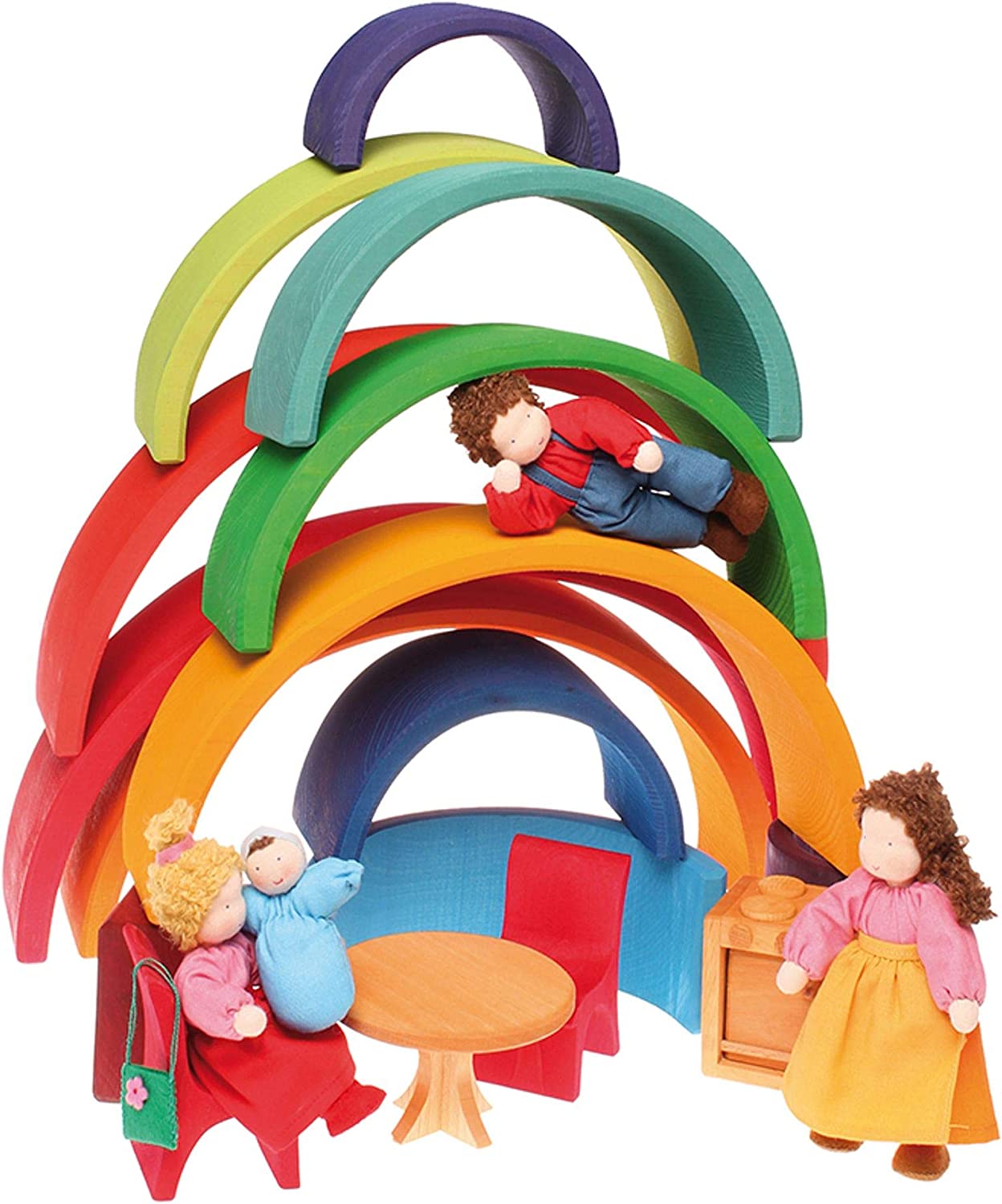 12 Piece Wooden Rainbow Stacking Tunnel Toys combine to form a house