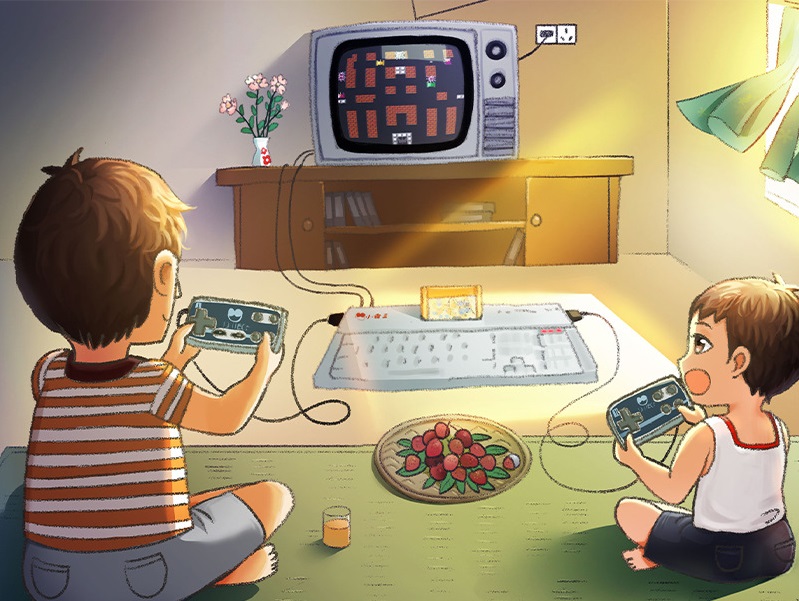 Two little kids playing with GameTendo retro game console