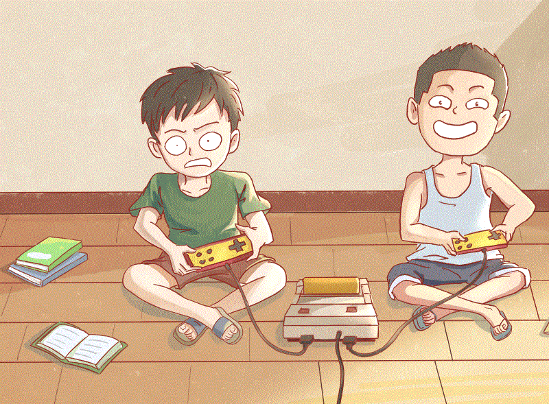 Two kids playing with GameTendo retro game console
