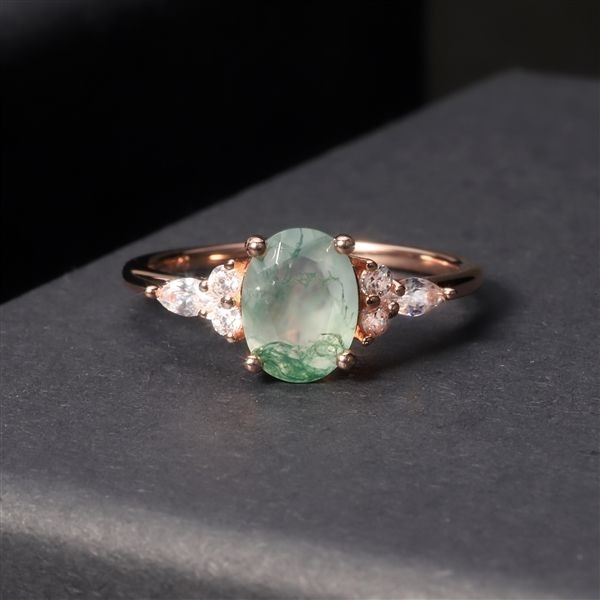 Moss Agate Ring Sterling Silver Wedding Engagement Green Ring 